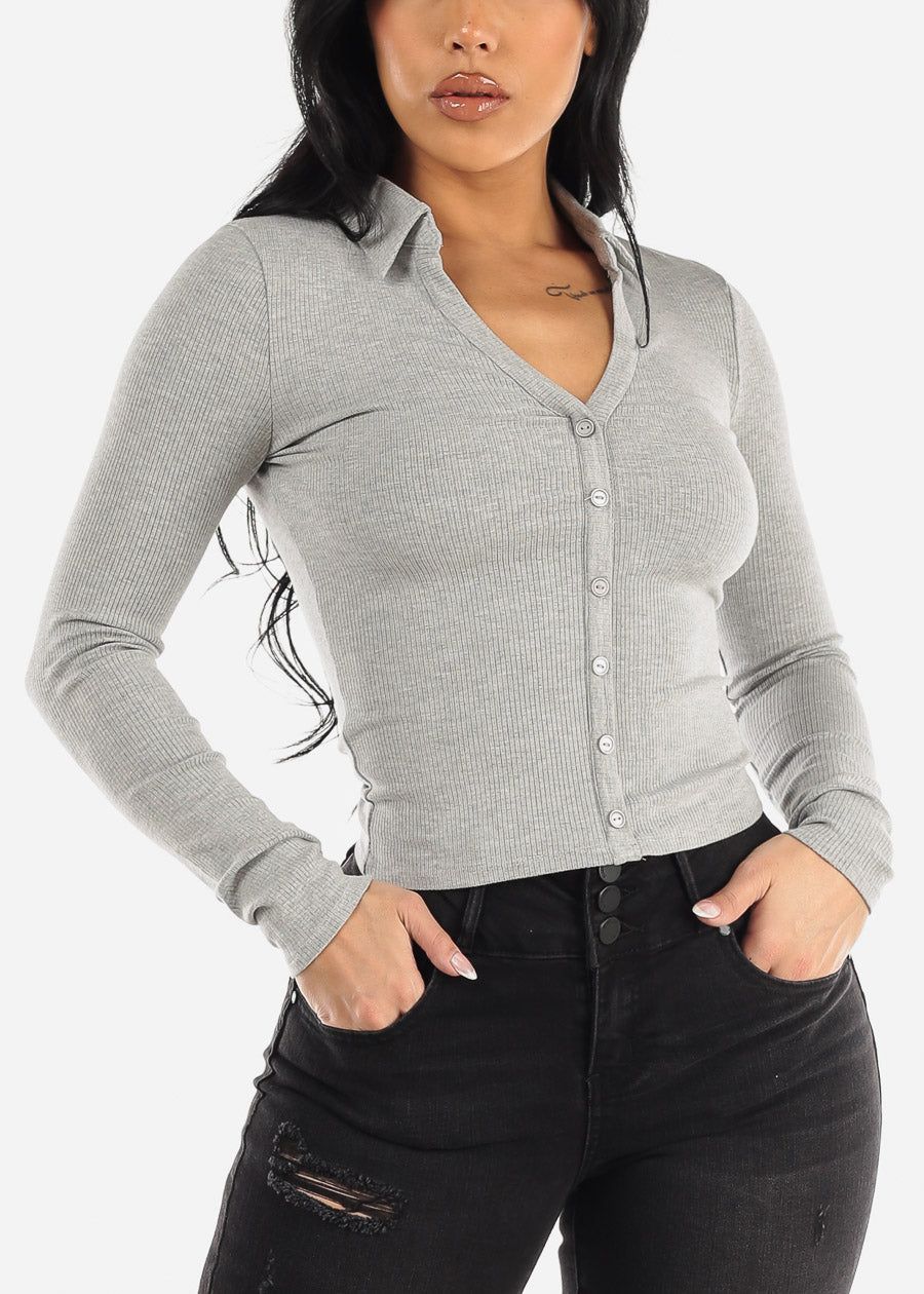 Long Sleeve Button Down Polo Top Grey sold by Moda