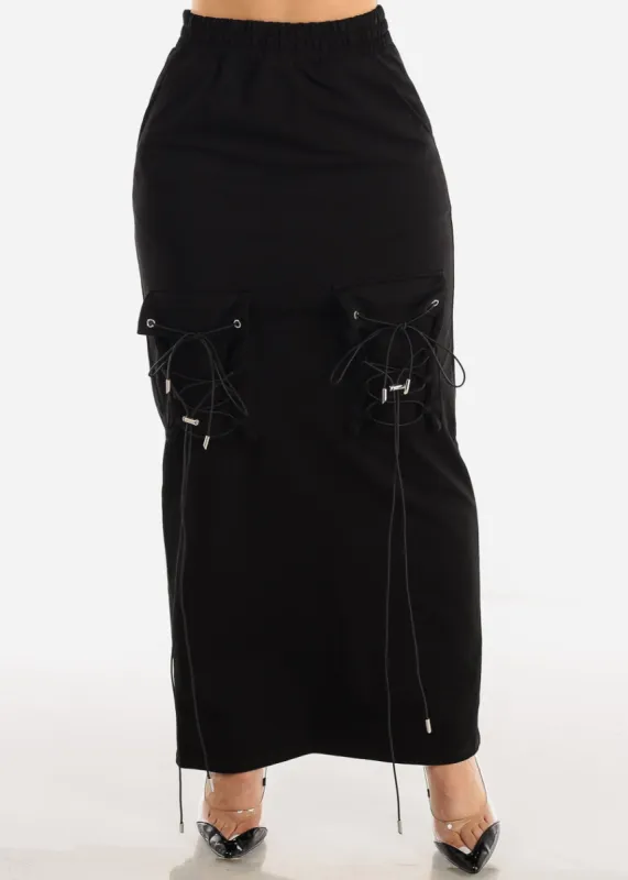 High Waist Black Maxi Skirt w Lace Up Pockets sold by Moda