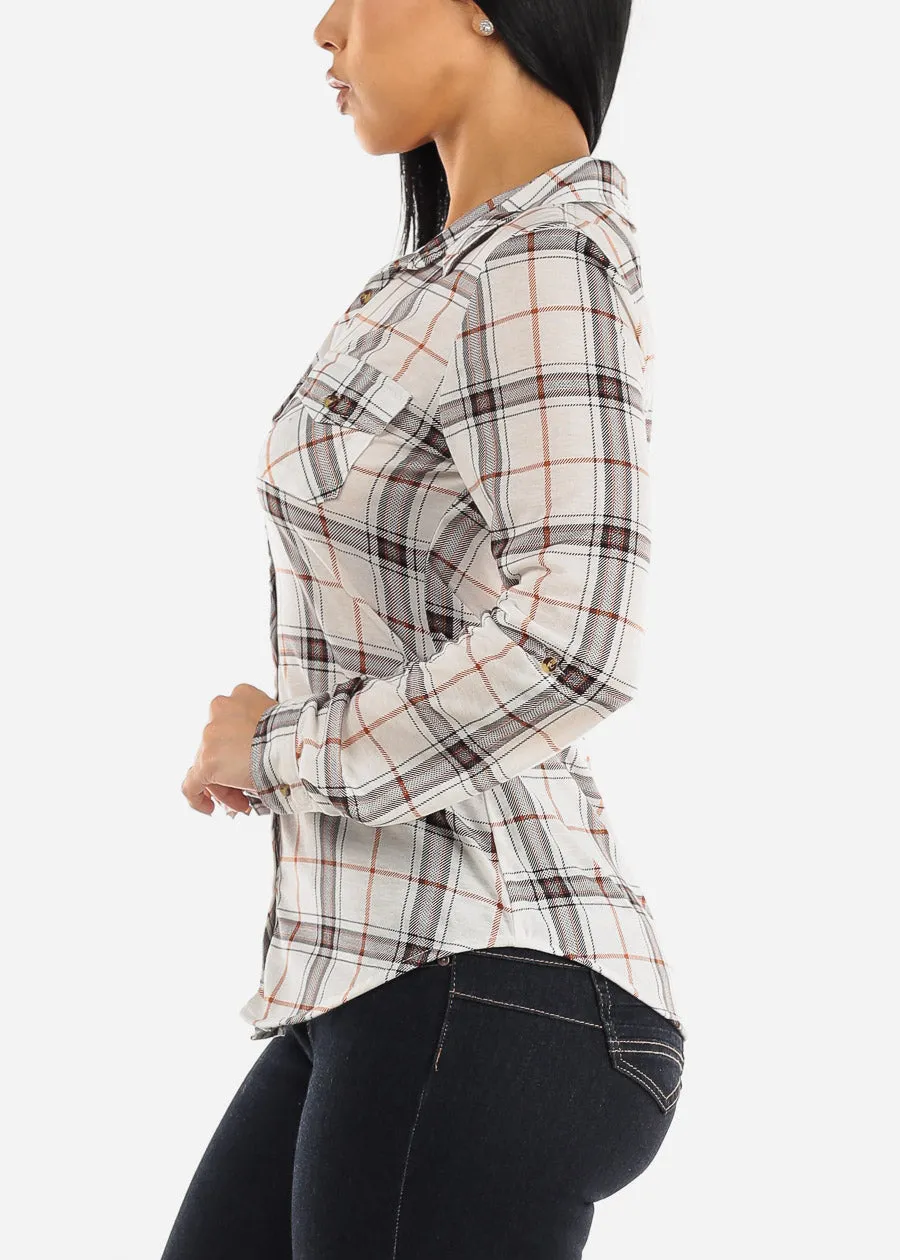 Long Sleeve Button Up Plaid Shirt Ivory & Khaki sold by Moda product image thumbnail 3