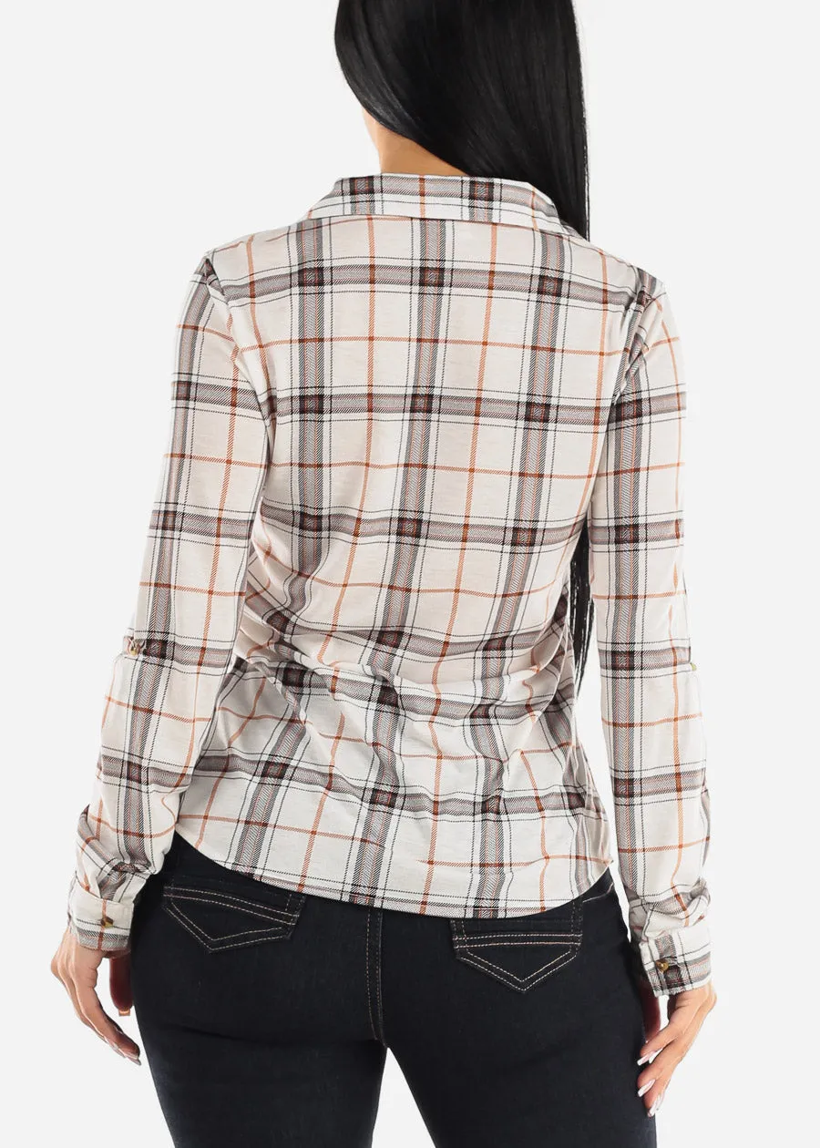 Long Sleeve Button Up Plaid Shirt Ivory & Khaki sold by Moda product image thumbnail 4