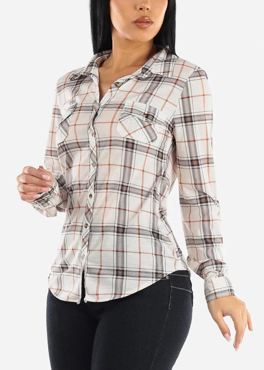 Long Sleeve Button Up Plaid Shirt Ivory & Khaki sold by Moda