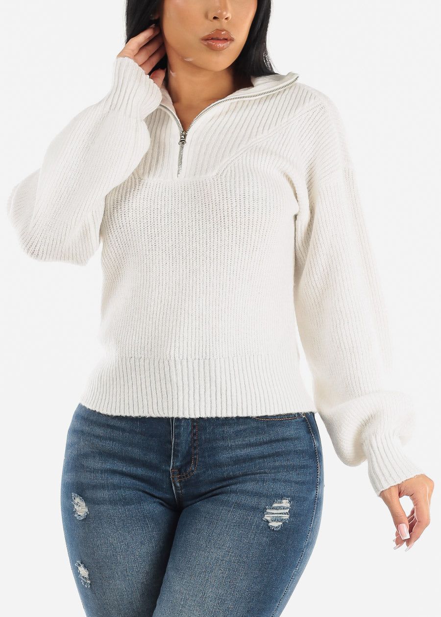 White Mock Neck Half Zip Up Pullover Mossy Sweater sold by Moda