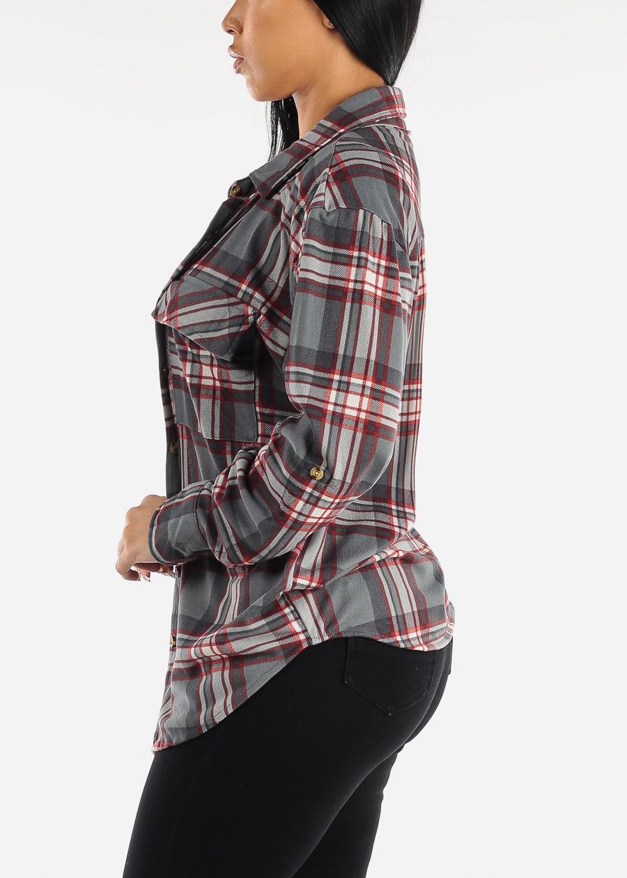 Grey Long Sleeve Button Up Plaid Shirt sold by Moda product image thumbnail 4