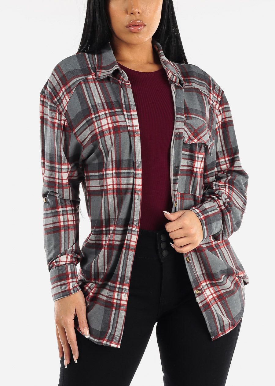 Grey Long Sleeve Button Up Plaid Shirt sold by Moda product image thumbnail 2
