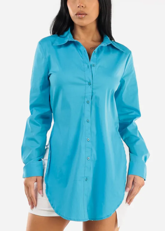 Button Down Long Sleeve Tunic Shirt Aqua w Slits sold by Moda