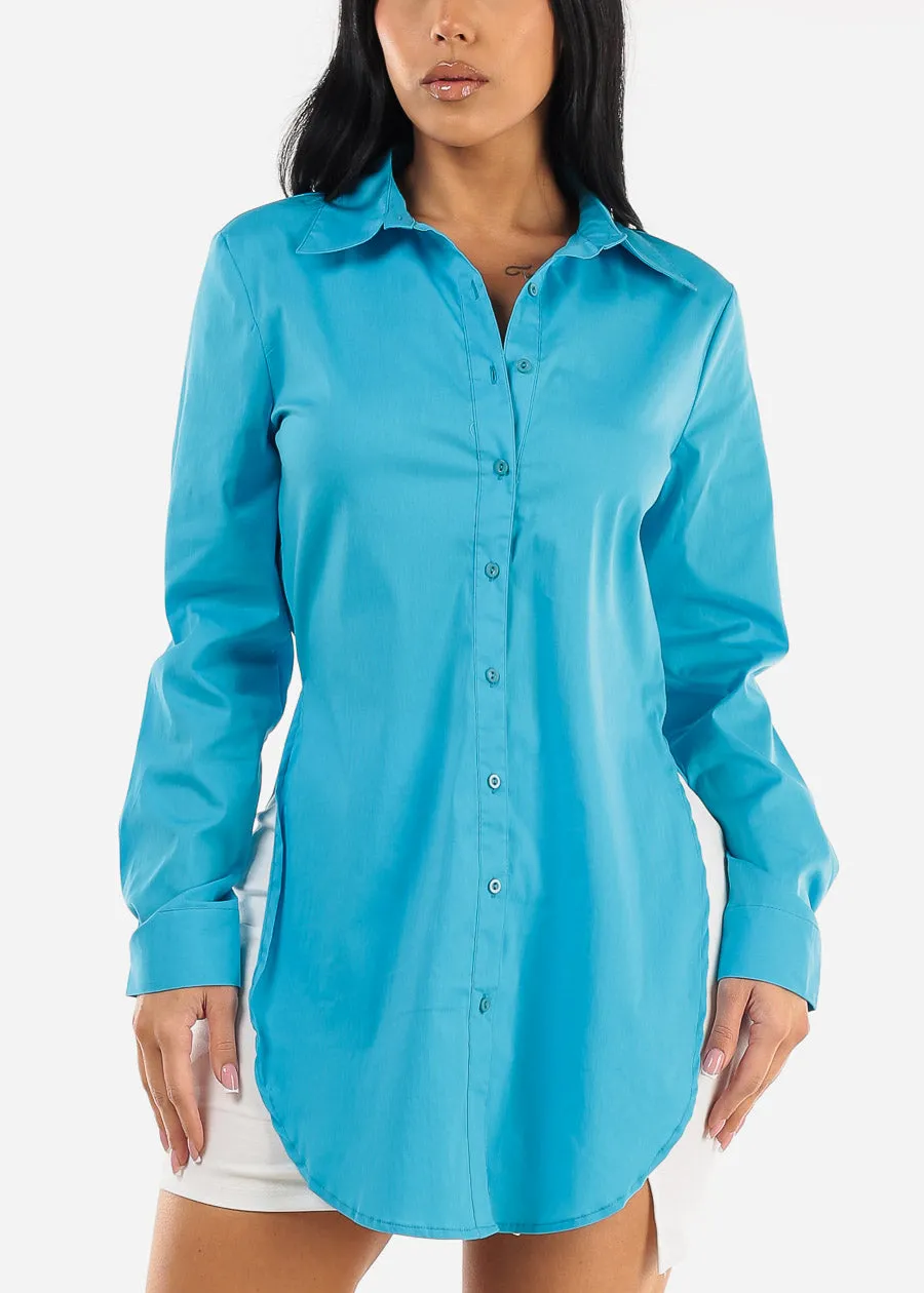 Button Down Long Sleeve Tunic Shirt Aqua w Slits sold by Moda