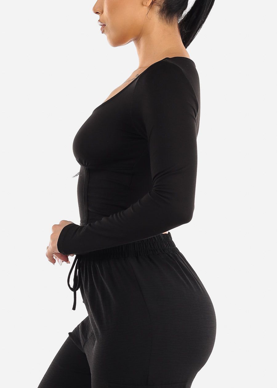 Black Long Sleeve Corset Style Crop Top sold by Moda product image thumbnail 3