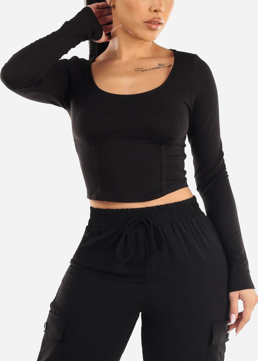 Black Long Sleeve Corset Style Crop Top sold by Moda