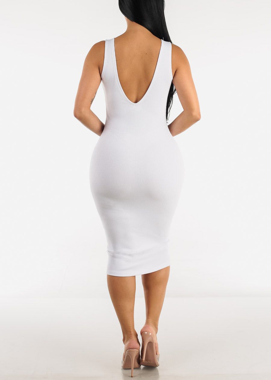 White Sleeveless Vneck Ribbed Bodycon Dress sold by Moda product image thumbnail 3