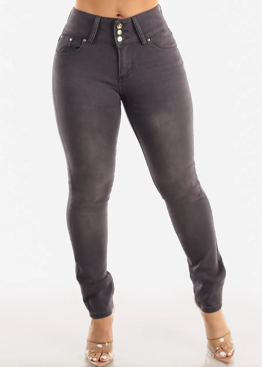 3 Button High Waist Levantacola Skinny Jeans Dark Grey sold by Moda product image thumbnail 3