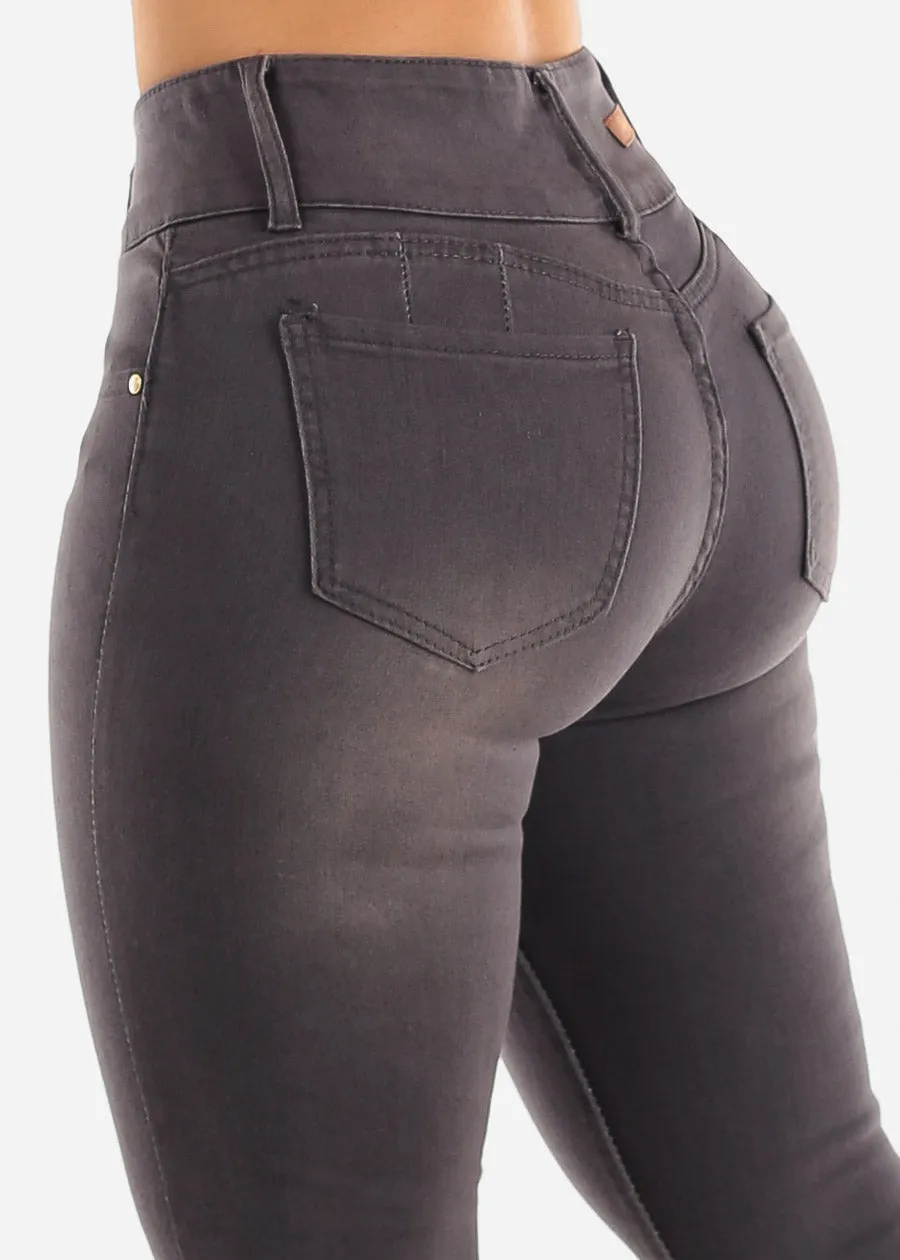 3 Button High Waist Levantacola Skinny Jeans Dark Grey sold by Moda