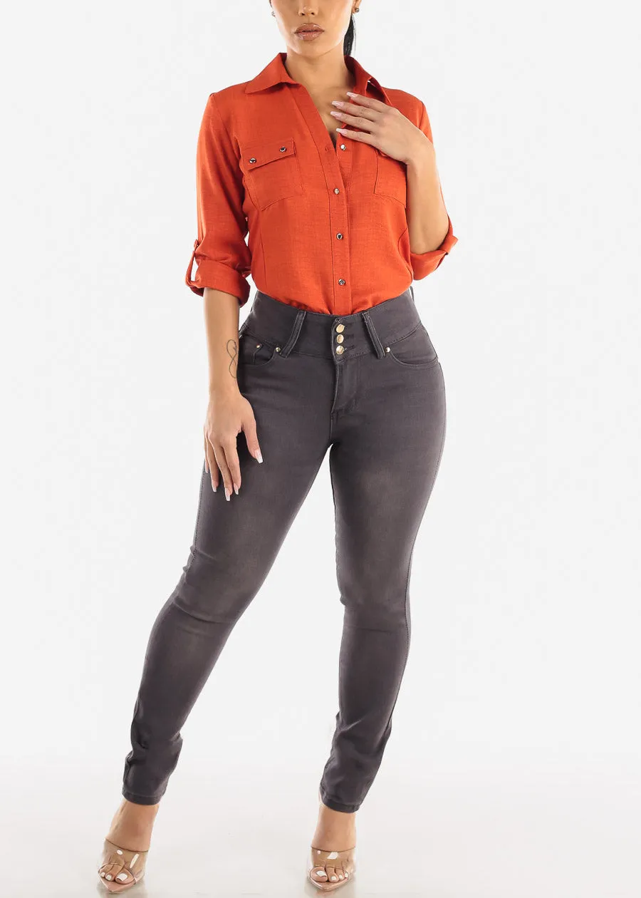 3 Button High Waist Levantacola Skinny Jeans Dark Grey sold by Moda product image thumbnail 2