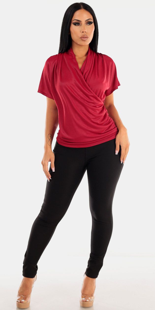 Black Pull On High Rise Dressy Skinny Pants with Short Sleeve Surplice Dark Red Blouse sold by Moda