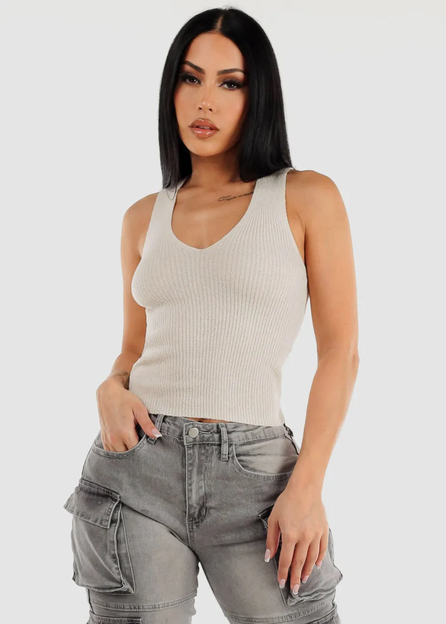 Sleeveless Vneck Knit Tank Top Ivory sold by Moda