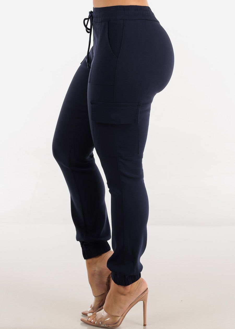 Navy High Waist Drawstring Hyper Stretch Cargo Joggers sold by Moda