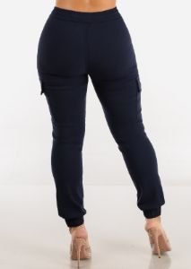 Navy High Waist Drawstring Hyper Stretch Cargo Joggers sold by Moda