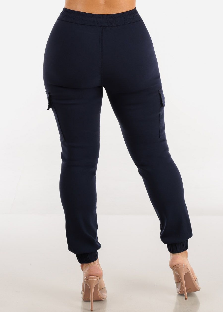 Navy High Waist Drawstring Hyper Stretch Cargo Joggers sold by Moda product image thumbnail 4