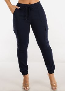 Navy High Waist Drawstring Hyper Stretch Cargo Joggers sold by Moda