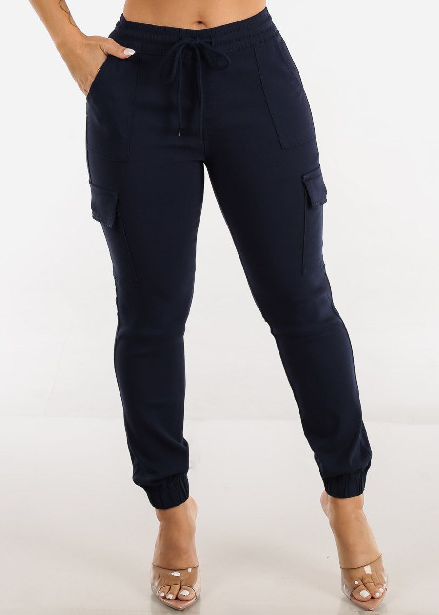 Navy High Waist Drawstring Hyper Stretch Cargo Joggers sold by Moda product image thumbnail 2
