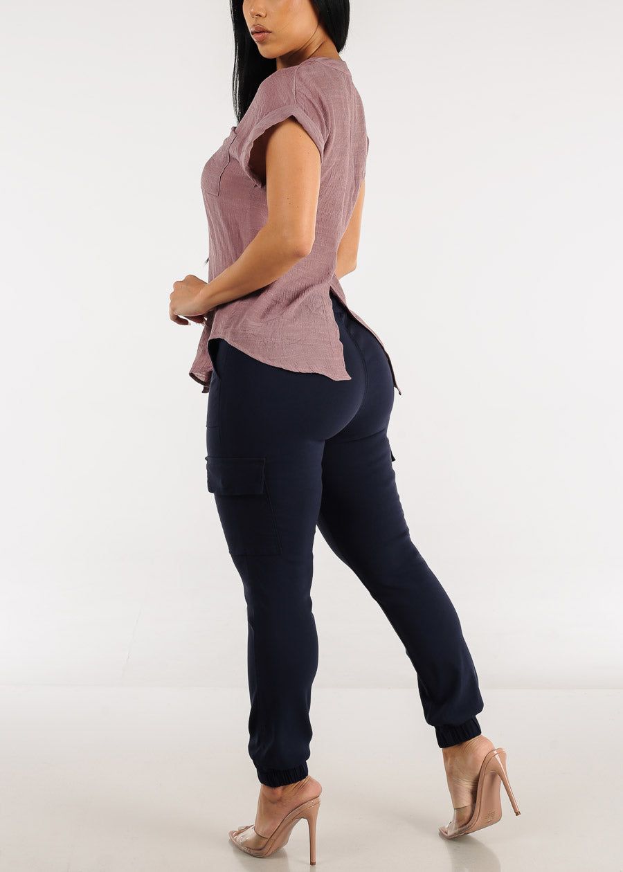 Navy High Waist Drawstring Hyper Stretch Cargo Joggers sold by Moda product image thumbnail 5