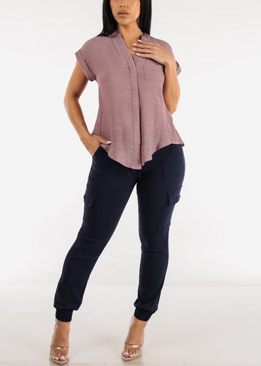 Navy High Waist Drawstring Hyper Stretch Cargo Joggers sold by Moda product image thumbnail 3