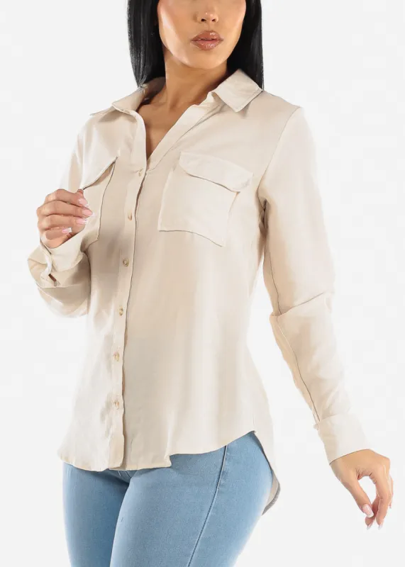 Button Down Long Sleeve Shirt Beige w Pockets sold by Moda