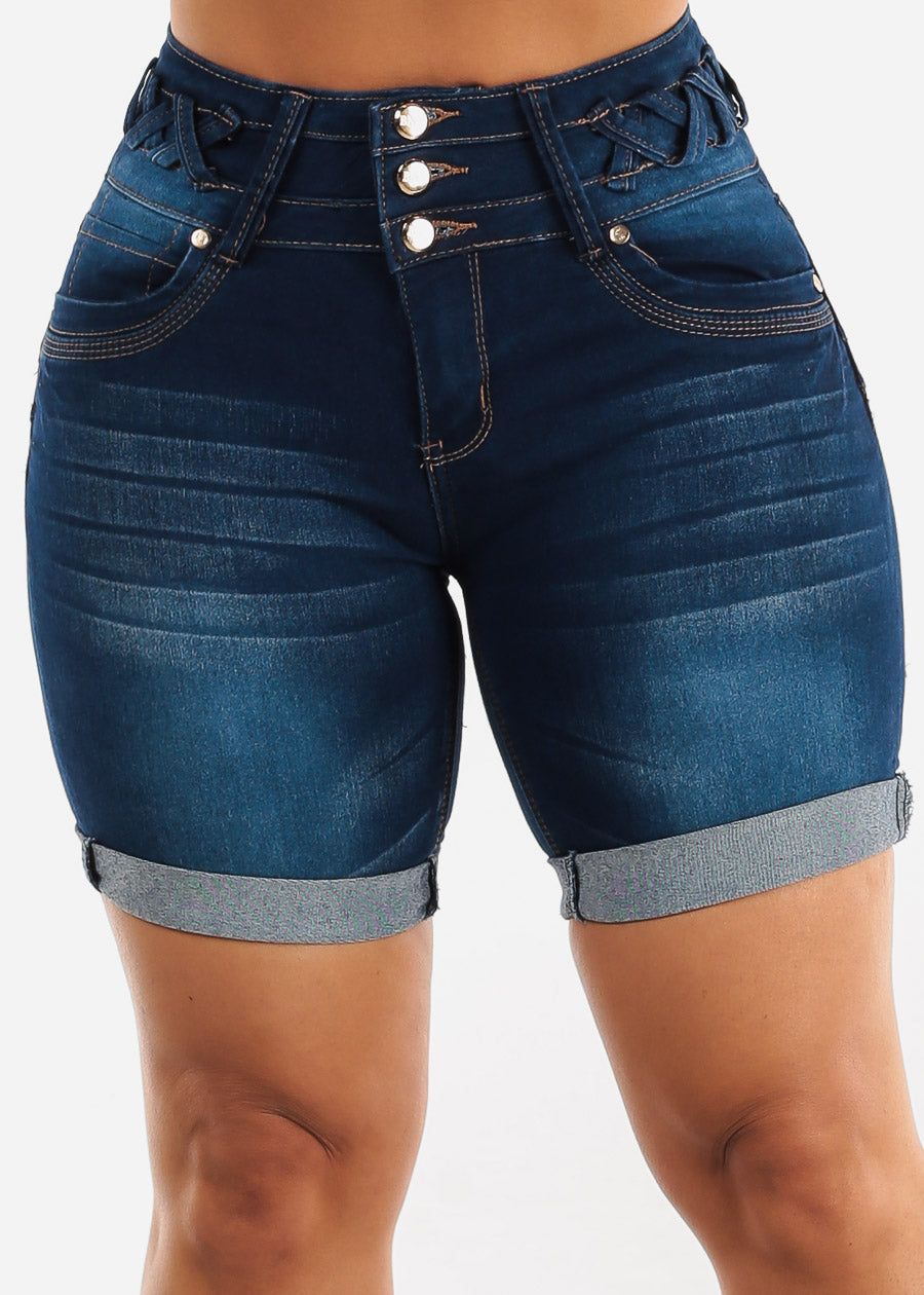High Waisted Butt Lifting Dark Denim Mid Thigh Shorts sold by Moda product image thumbnail 3