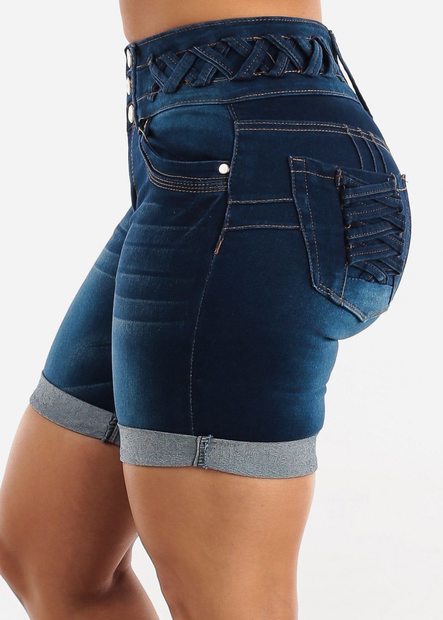 High Waisted Butt Lifting Dark Denim Mid Thigh Shorts sold by Moda product image thumbnail 4