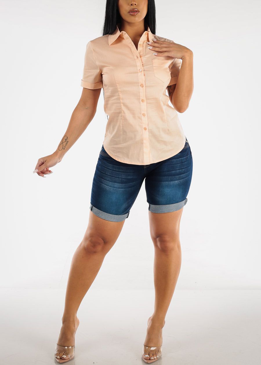 High Waisted Butt Lifting Dark Denim Mid Thigh Shorts sold by Moda product image thumbnail 2