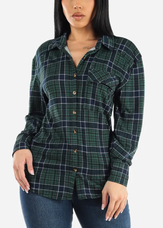 Long Sleeve Button Up Plaid Shirt Green & Navy sold by Moda