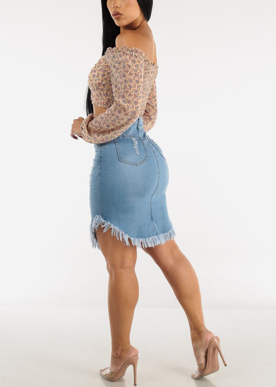 High Waist Ripped Fringe Hem Light Denim Skirt sold by Moda product image thumbnail 8