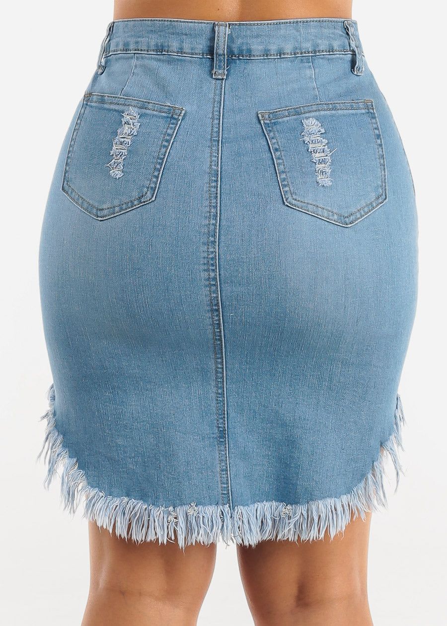 High Waist Ripped Fringe Hem Light Denim Skirt sold by Moda product image thumbnail 7