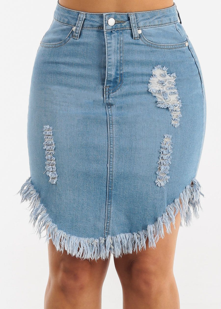 High Waist Ripped Fringe Hem Light Denim Skirt sold by Moda product image thumbnail 4
