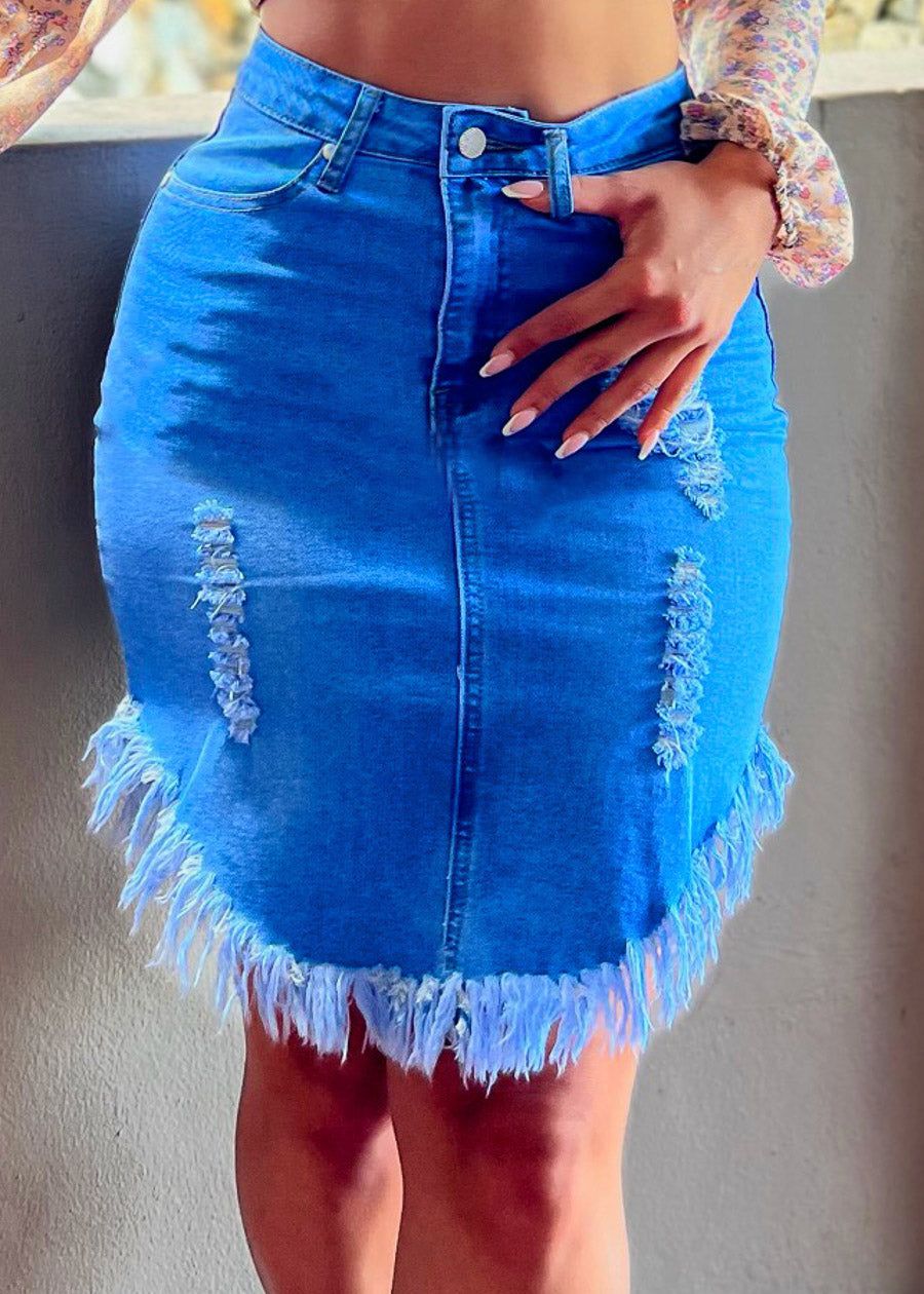 High Waist Ripped Fringe Hem Light Denim Skirt sold by Moda