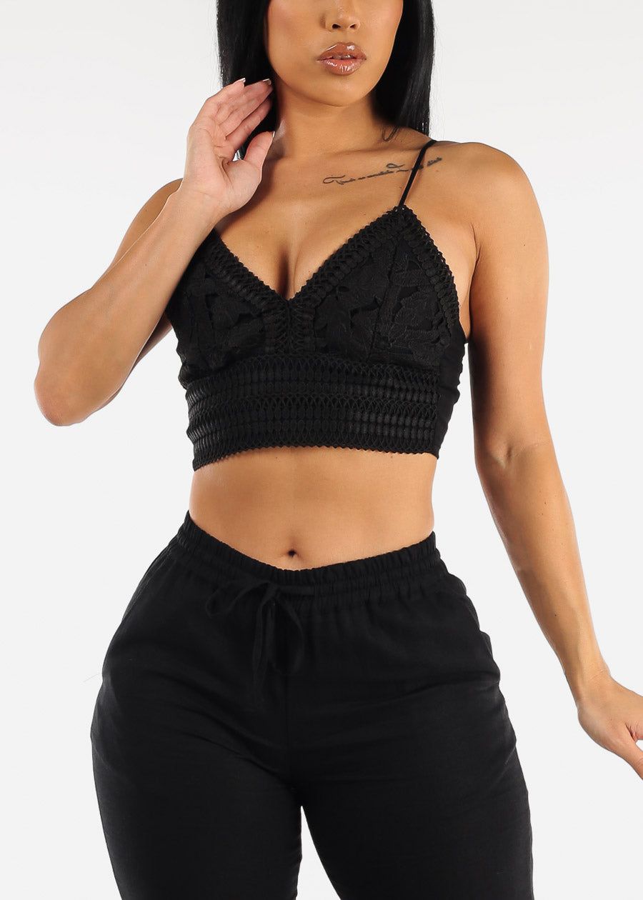 Black Sleeveless Crochet Crop Top sold by Moda