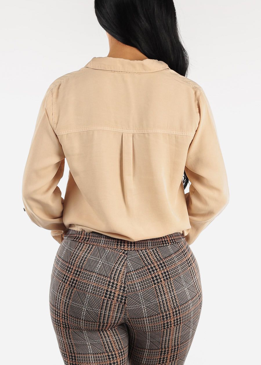 Relaxed Tie Front Collared Khaki Blouse sold by Moda product image thumbnail 4