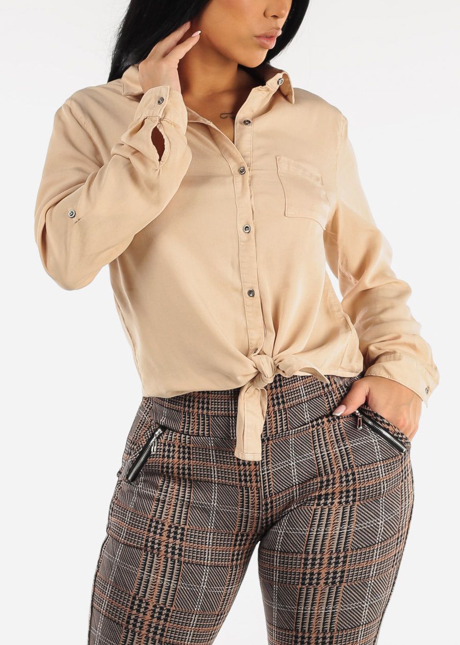 Relaxed Tie Front Collared Khaki Blouse sold by Moda