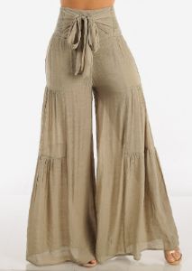 High Rise Waist Tie Wide Leg Flare Pants Olive sold by Moda