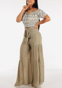 High Rise Waist Tie Wide Leg Flare Pants Olive sold by Moda
