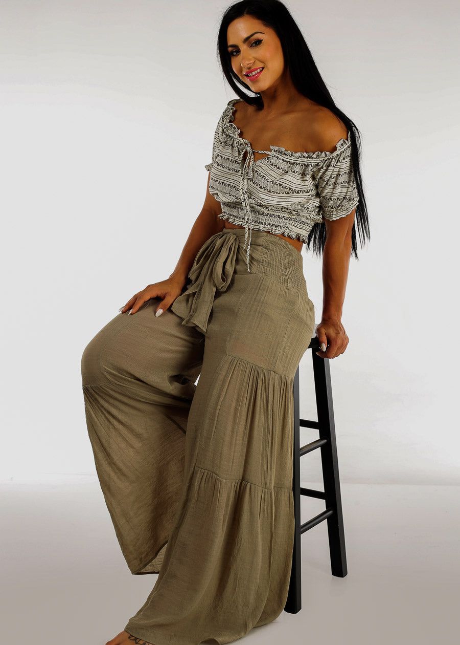 High Rise Waist Tie Wide Leg Flare Pants Olive sold by Moda