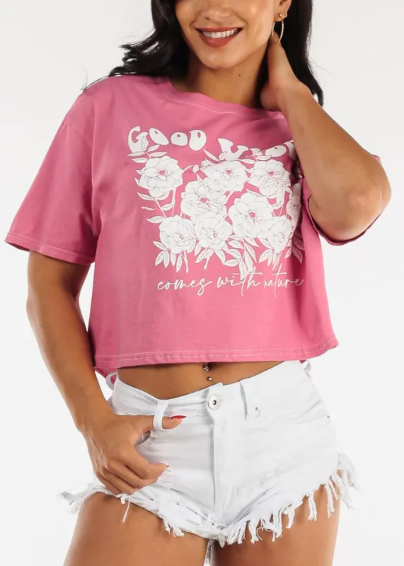 Short Sleeve Good Vibes Cropped Graphic Tee Pink sold by Moda
