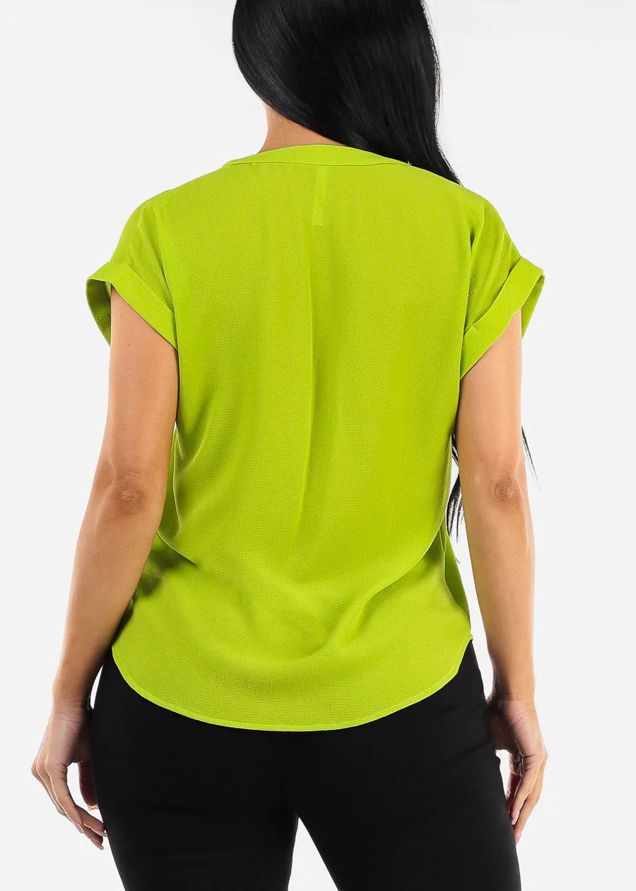 Cuffed Short Sleeve V-neck Blouse Light Green sold by Moda product image thumbnail 4