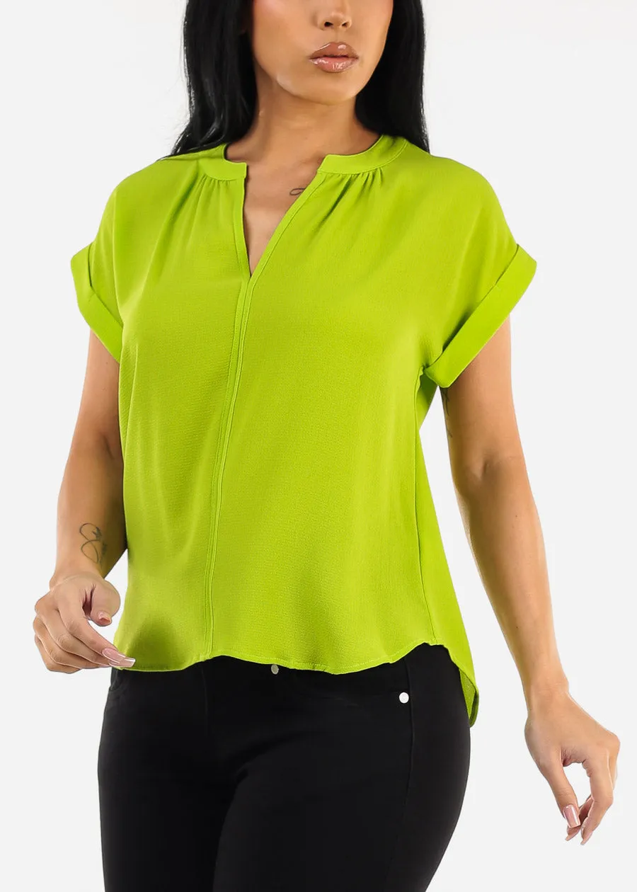 Cuffed Short Sleeve V-neck Blouse Light Green sold by Moda