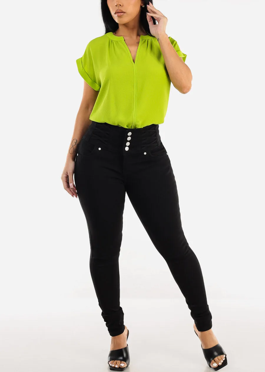 Cuffed Short Sleeve V-neck Blouse Light Green sold by Moda product image thumbnail 2