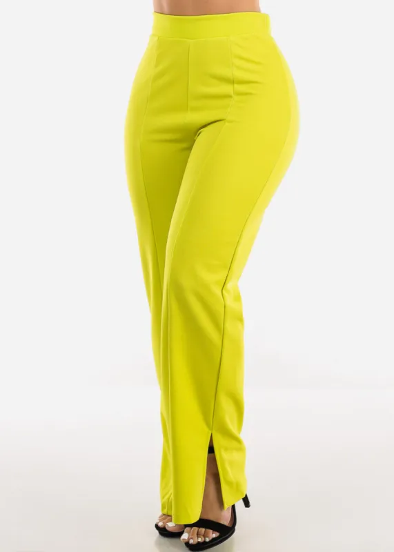 Super High Waist Wide Leg Slit Dress Pants Neon Lime sold by Moda