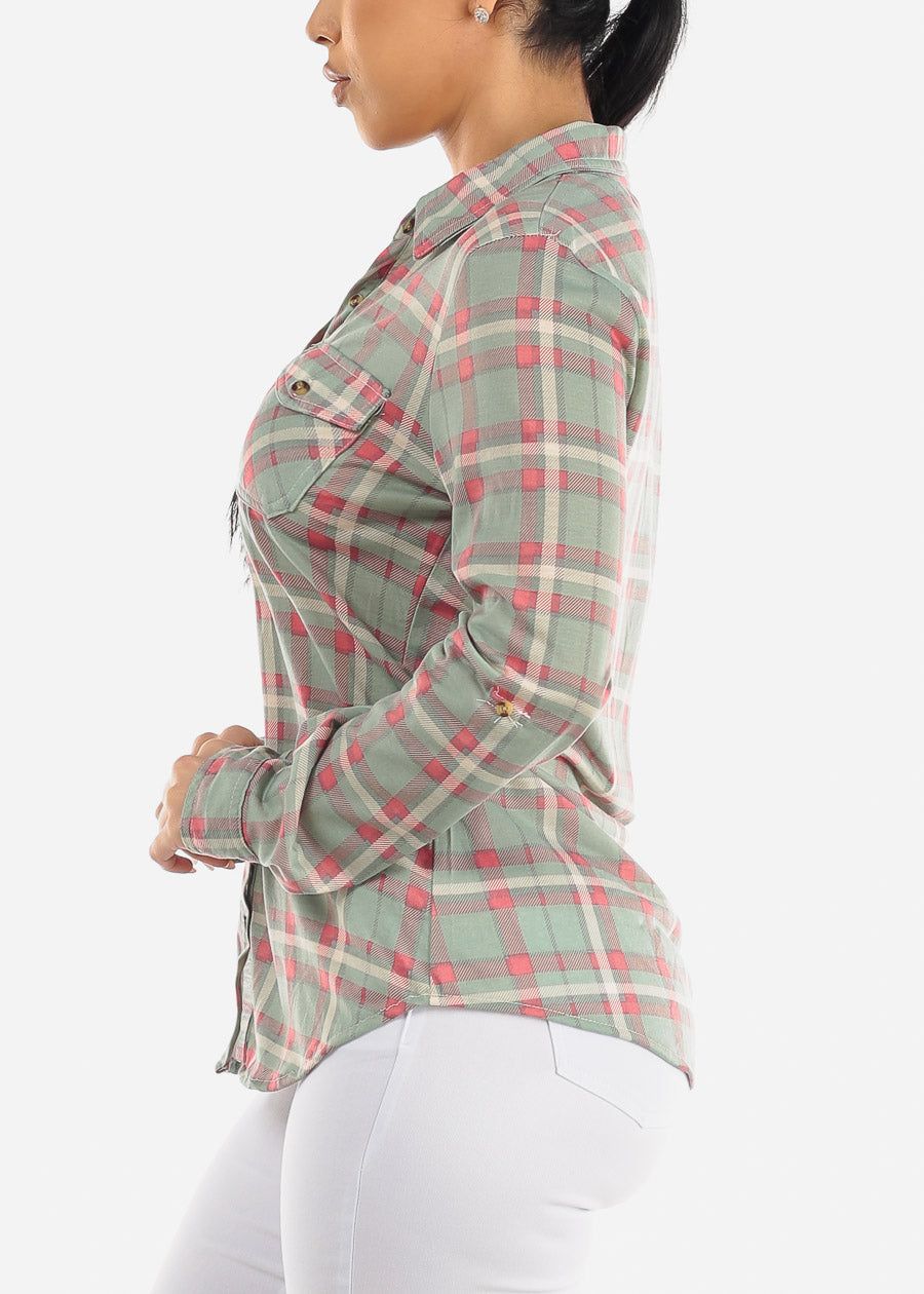 Long Sleeve Button Up Plaid Shirt Sage & Pink sold by Moda product image thumbnail 3