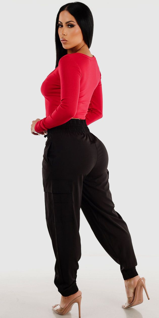 Black Thick Waist Cargo Jogger Pants with Red Long Sleeve Crop Top sold by Moda product image thumbnail 2