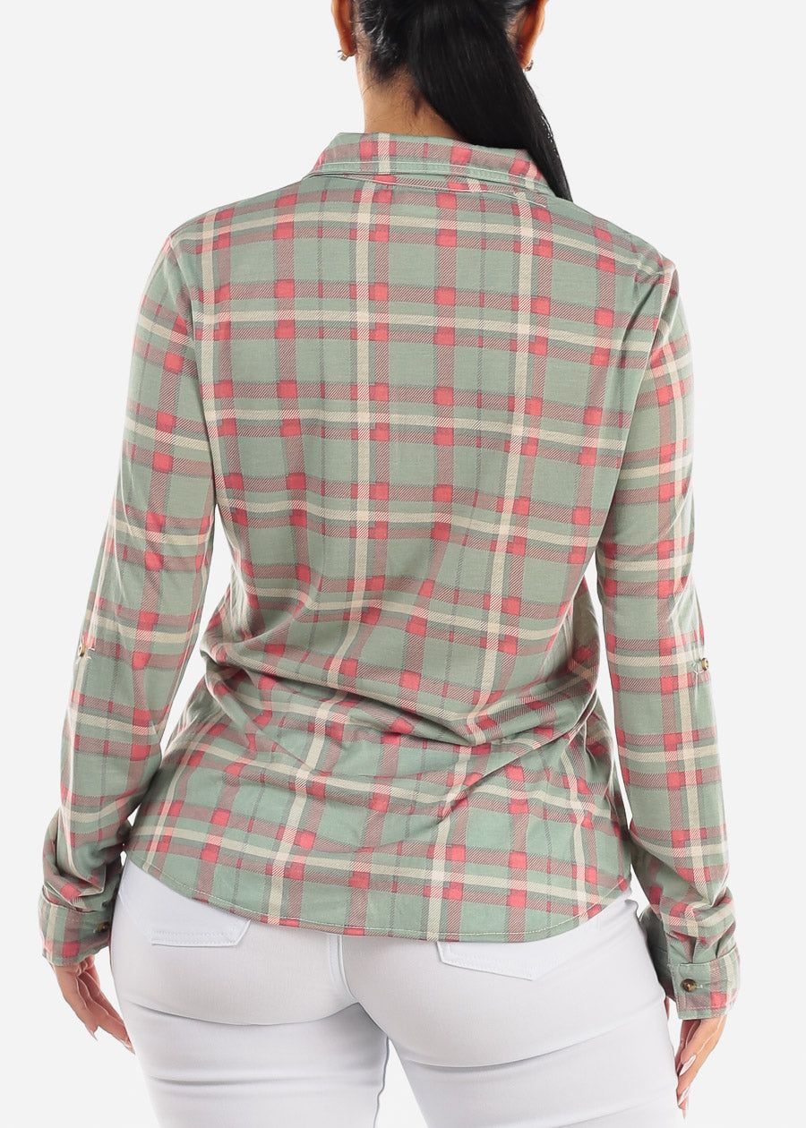 Long Sleeve Button Up Plaid Shirt Sage & Pink sold by Moda product image thumbnail 4