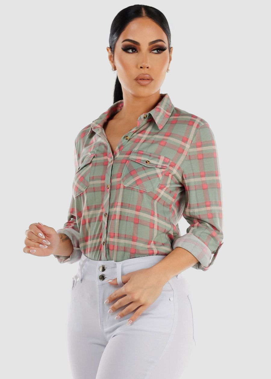 Long Sleeve Button Up Plaid Shirt Sage & Pink sold by Moda