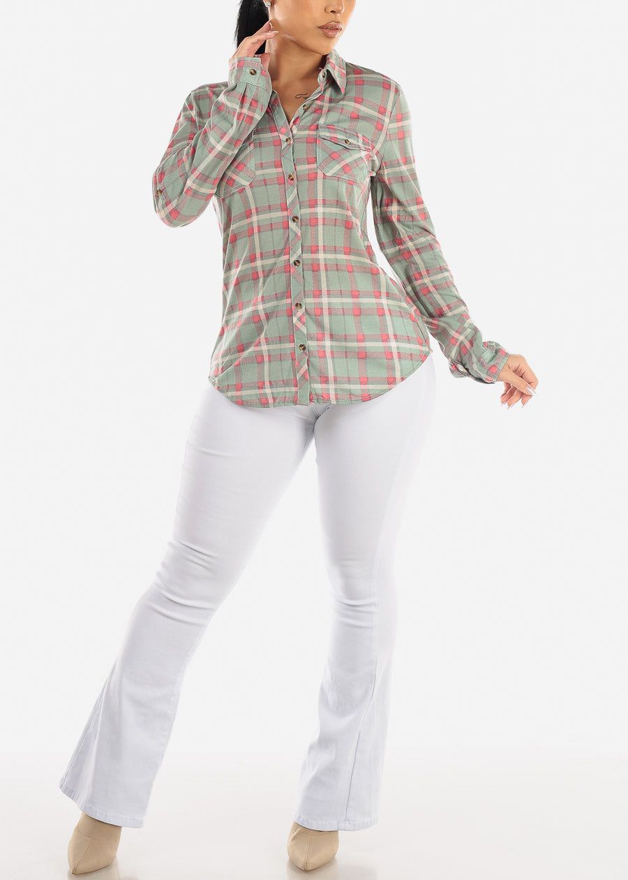 Long Sleeve Button Up Plaid Shirt Sage & Pink sold by Moda product image thumbnail 2